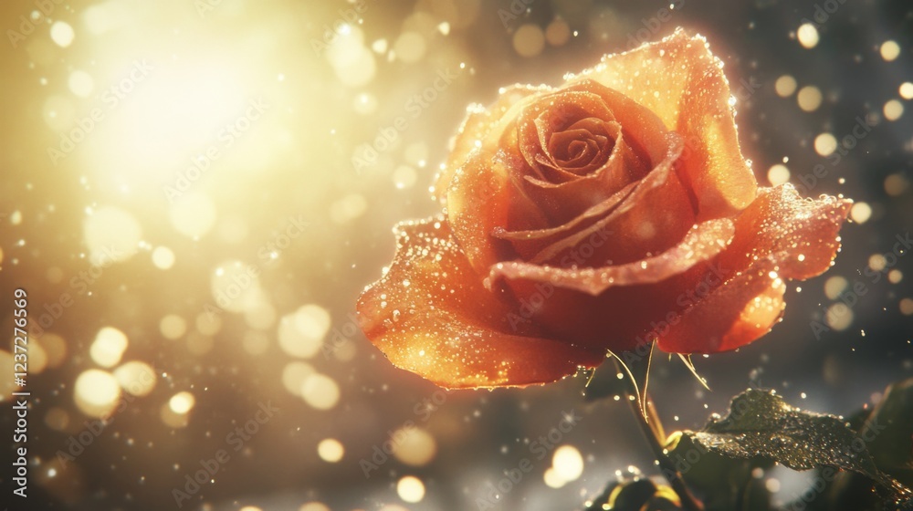 Aufkleber Macro shot of a vibrant orange rose with water droplets, with soft bokeh lights in the background adding a warm, glowing ambiance