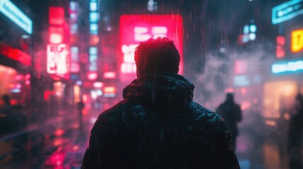 Lone man standing in rainy neon-lit cityscape at night