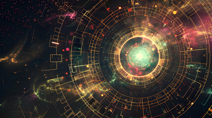 Obraz premium A vibrant abstract representation of cosmic elements and geometric patterns.