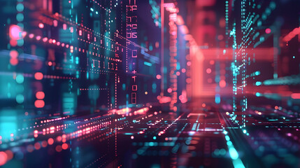 Fototapeta premium Abstract digital landscape with glowing lines and nodes representing data flow.