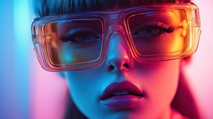 Young woman with colorful oversized glasses in vibrant neon lighting portrait