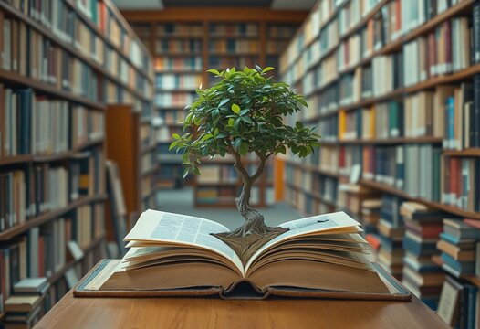World philosophy day concept with tree of knowledge planting on opening old big book in library full with textbook, stack piles of text archive and blur aisle of bookshelves in school study class room