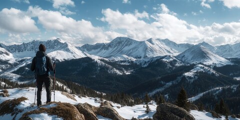A solitary trekker with backpack, gazing at snow-capped peaks.