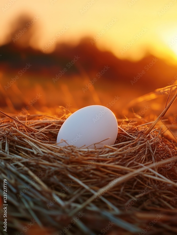 Wall mural A white egg is sitting on a nest made of straw. The egg is surrounded by a lot of straw, and the sun is shining on it, making it look warm and inviting