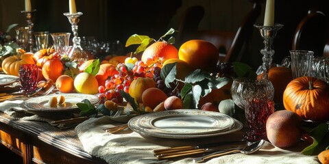 Harvest table filled with autumnal fruits and vegetables, set for holiday celebration