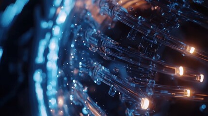 Complex glass structure rotating with glowing orange lights and blue particles, representing innovative production and futuristic technology