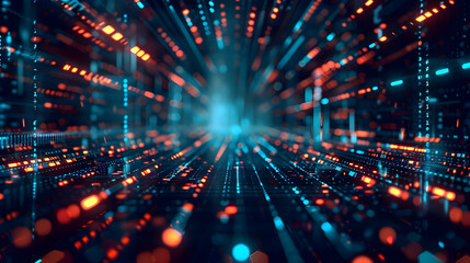 Naklejka premium Abstract digital tunnel with glowing lights, representing data flow and technology.