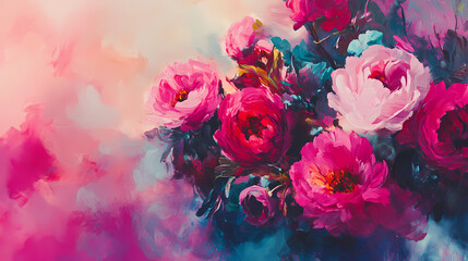 Obraz premium Vibrant pink, crimson, rainbow, smoke, and explosion colors of paint. Floral Explosion. Illustration