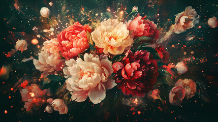Fototapeta premium Vintage floral explosion with peonies. Floral Explosion. Illustration