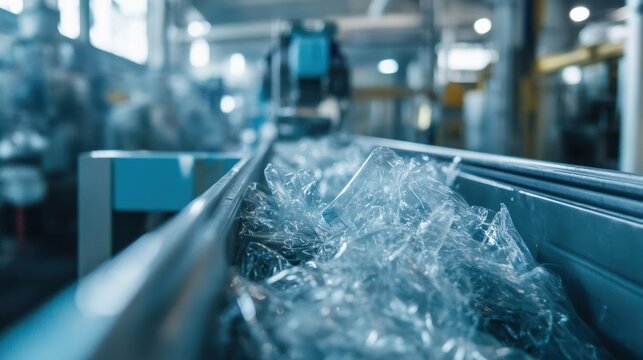 Modern factory equipment automatically conveying many empty clear plastic preforms on a production line, showcasing innovative manufacturing processes in the plastic packaging industry
