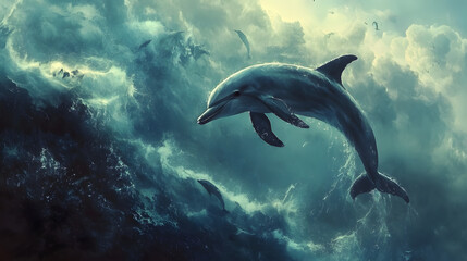 Obraz premium Dolphin in water illustration, dolphin in ocean, dolphin in sea, ocean life, ocean animals, sea animals, dolphin art, dolphin illustration, ocean wildlife, sea life, underwater world 