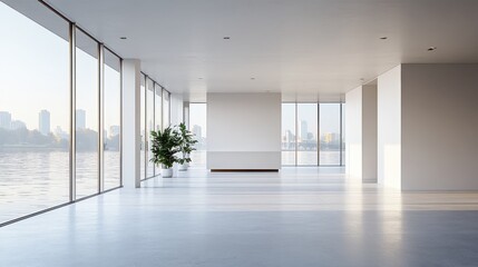 Obraz premium Spacious modern apartment with panoramic city and river views through large glass windows