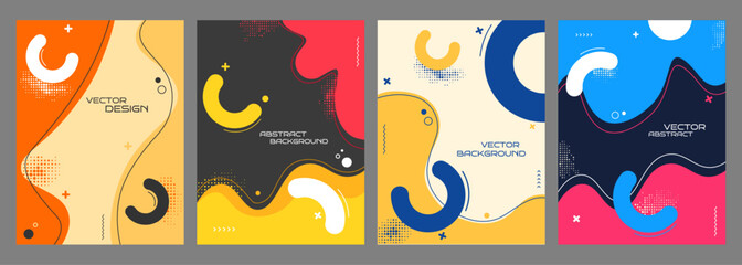 Vector illustration. Colorful geometric background with fluid shapes, halftone dots and dynamic composition. Design elements for cover, brochure, magazine, poster, flyer. Modern memphis style design