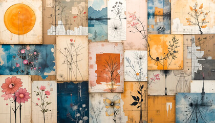 A collage of various square tiles with artistic designs