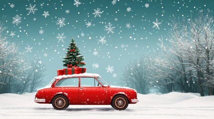 Vintage red car with christmas tree and gifts in snowy winter wonderland with falling snowflakes