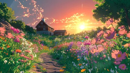 Winding path through a colorful flower field leading to a rustic house under a radiant sunset. Peaceful and vibrant concept