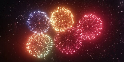 Fireworks display with vibrant colors against a dark sky at night. A celebratory event or special occasion being commemorated.