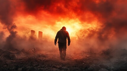 Obraz premium The silhouette of a person strides purposefully towards a fiery horizon, engulfed in smoke, evoking thoughts of struggle, hope, and the pursuit of light in a chaotic world.