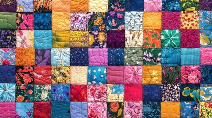 Colorful patchwork quilt with diverse floral and geometric patterns in vibrant textures