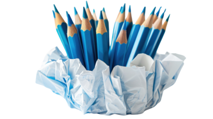 Blue colored pencils coming out of crumpled paper on transparent background