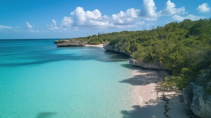 Fototapeta premium Aerial View of Tropical Beach, Turquoise Water, White Sand, and Lush Greenery