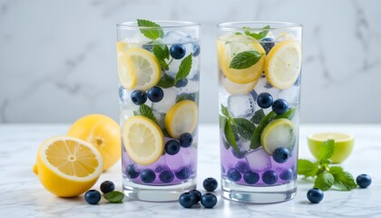 Fototapeta premium Hydrating detox water with lemon, cucumber, and blueberries in tall glasses on a white marble countertop with fresh fruits and ice cubes