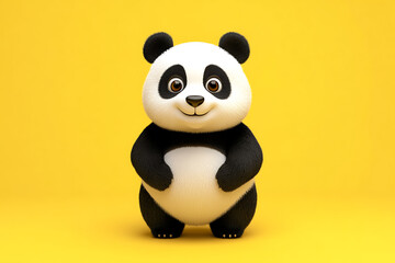 Naklejka premium panda on a yellow background, panda on a blank yellow background, a panda, panda, cute panda, yellow background, copy space for add text, 3d rendering, 3d, vector, AI generative