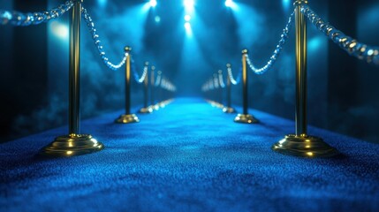 Stylish blue carpet with golden rope barriers and dramatic lighting at event entrance