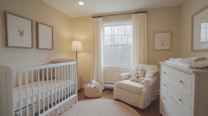 Cozy baby nursery with crib, armchair, and soft lighting in neutral tones
