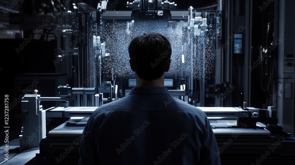Poster engineer observing a complex data stream from an innovative production line in a modern factory, hig