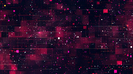 Abstract digital art featuring vibrant pink and purple squares on a dark background.