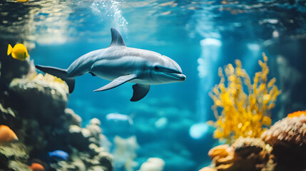 Obraz premium Dolphin in water illustration, dolphin in ocean, dolphin in sea, ocean life, ocean animals, sea animals, dolphin art, dolphin illustration, ocean wildlife, sea life, underwater world 