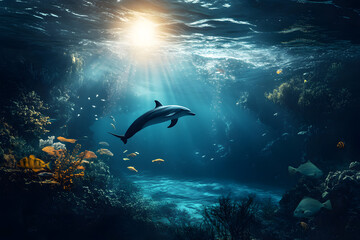 Fototapeta premium Dolphin in water illustration, dolphin in ocean, dolphin in sea, ocean life, ocean animals, sea animals, dolphin art, dolphin illustration, ocean wildlife, sea life, underwater world 
