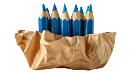 Blue pencils wrapped in brown paper on transparent background