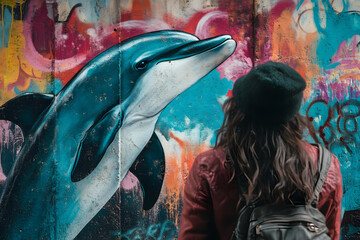 Obraz premium Woman lookung at dolphin graffiti in a street, city graffiti, dolphin art, dolphin illustration, urban graffiti, street art, urban mural, wall art in city, art and culture,
