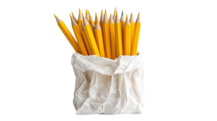 Bunch of yellow pencils standing in white paper bag on transparent background