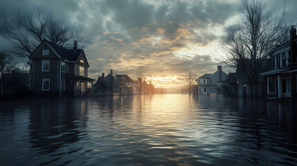 Fototapeta premium Flood, deluge, submerged city, flood illustration, water crisis, uncontrolled water, urban flooding 