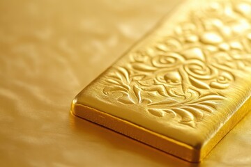 Fototapeta premium Ornate Gold Bar Rests On Golden Surface