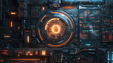 Futuristic digital interface with glowing elements and intricate circuitry.