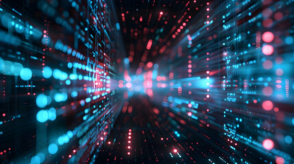 Naklejka premium Abstract digital landscape with blue and red glowing particles creating a sense of depth.