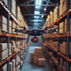 A high-tech drone hovers inside a warehouse filled with stacked boxes, symbolizing modern logistics, automation, and AI-driven supply chain solutions.