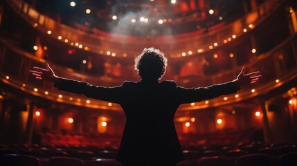 Performer stands on stage in empty theater with arms outstretched under dramatic lighting