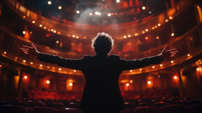 Performer stands on stage in empty theater with arms outstretched under dramatic lighting