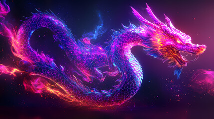 Mystical dragon illustration, fantasy element, detailed drawing, dark and neon, isolated on white background. Luminous Shadows. Illustration