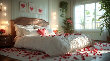 A romantic Valentinea??s Day bedroom scene, with heart-shaped pillows on a neatly made bed, rose petals scattered on the floor, and a dreamy, soft color palette