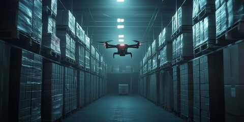 A high-tech drone hovers inside a warehouse filled with stacked boxes, symbolizing modern logistics, automation, and AI-driven supply chain solutions.