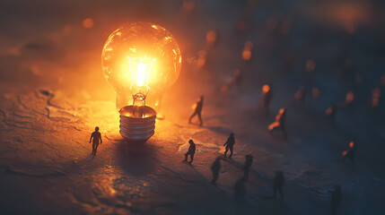 Naklejka premium Tiny figures walking toward a lit light bulb. Luminous Shadows. Illustration