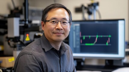 Smiling asian male engineer developing an innovative production process while utilizing computer software, with advanced machinery prominently featured in the background