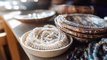 Handmade jewelry displayed in a bright space showcasing pearls and colorful beads on a rustic tabletop