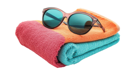 Beach towels and sunglasses resting on transparent background, embracing summer vibes